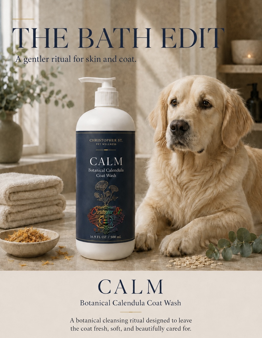 Calm Botanical Calendula Coat Wash beside a golden retriever