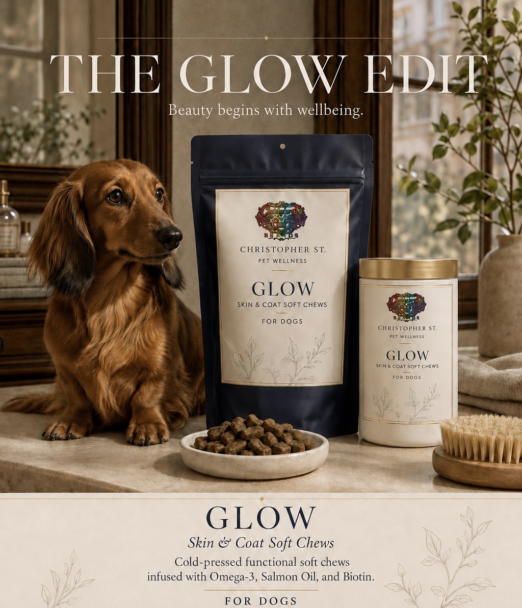 Glow Skin and Coat Soft Chews with a dachshund