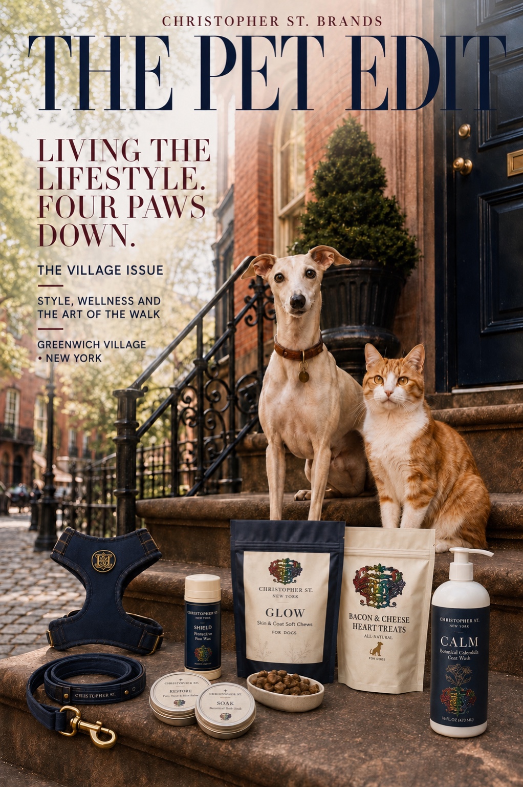 The Pet Edit Village Issue cover featuring a dog, cat and the collection on a Greenwich Village stoop