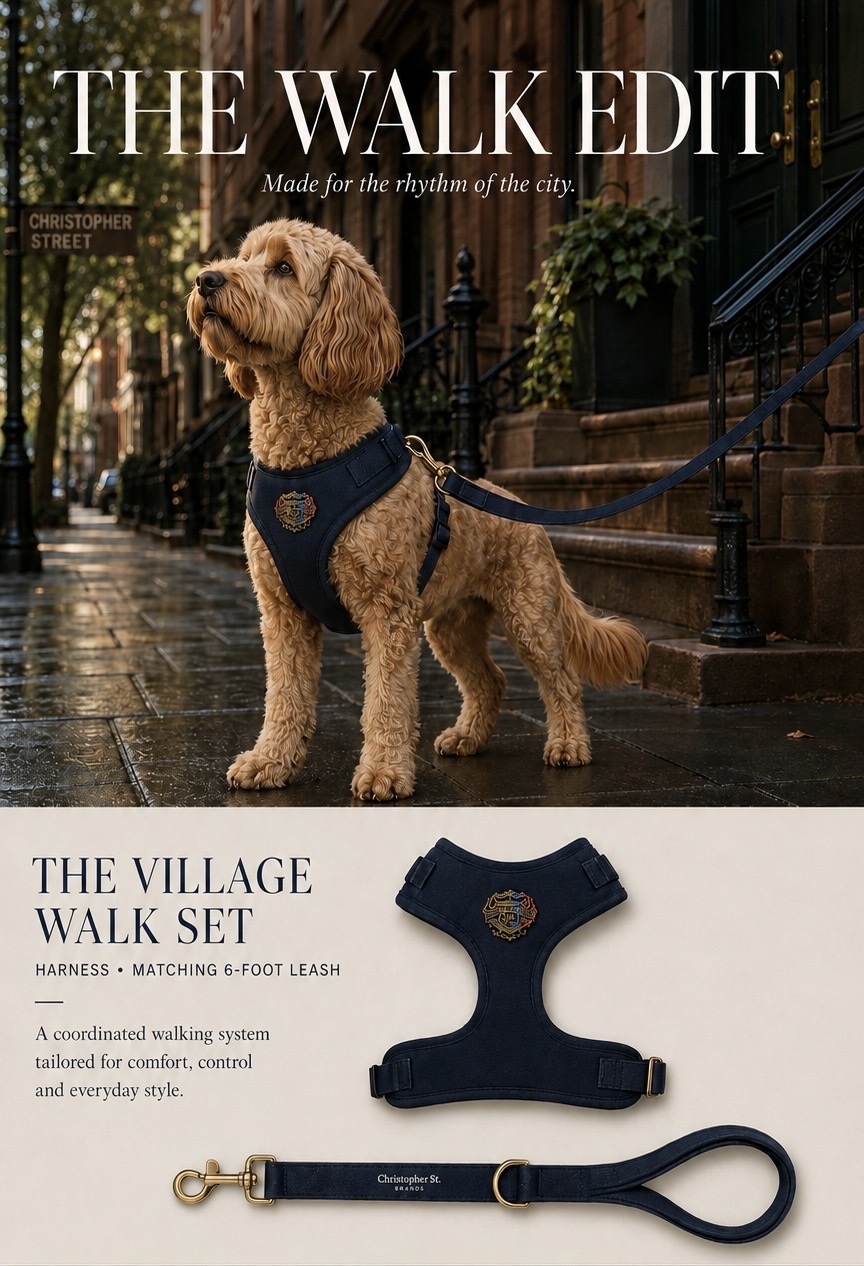 Dog wearing the Village denim harness with matching leash and product detail